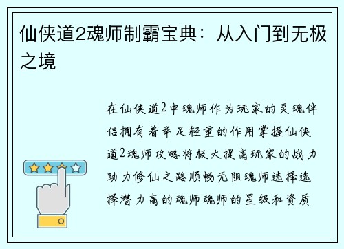 仙侠道2魂师制霸宝典：从入门到无极之境