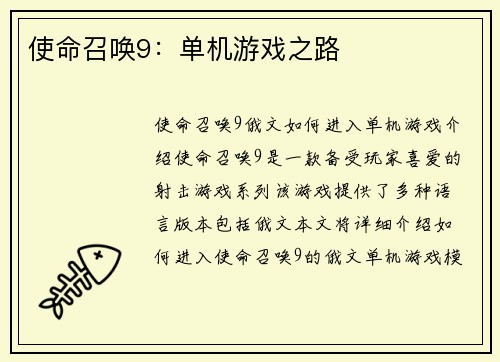 使命召唤9：单机游戏之路