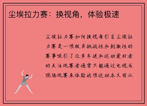尘埃拉力赛：换视角，体验极速